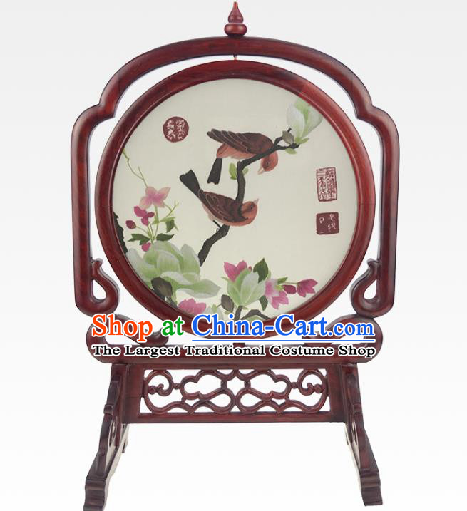 China Traditional Rosewood Desk Screen Embroidered Mangnolia Craft Handmade Table Ornament