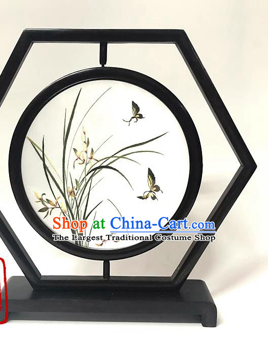 China Handmade Wenge Ornament Traditional Embroidery Orchid Butterfly Table Screen Suzhou Embroidered Craft