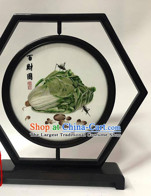 China Traditional Embroidery Celery Cabbage Craft Handmade Wenge Table Screen Ornament