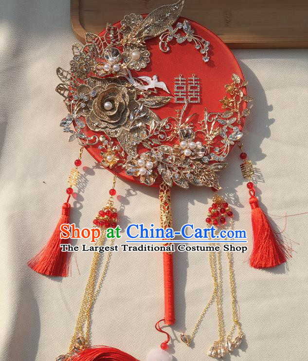 China Handmade Bride Golden Tassel Palace Fan Classical Dance Red Silk Fan Traditional Wedding Embroidered Peony Circular Fan