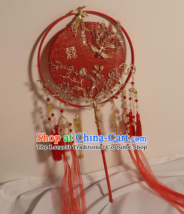 China Traditional Wedding Plum Blossom Silk Fan Handmade Bride Palace Fan Classical Dance Golden Phoenix Circular Fan