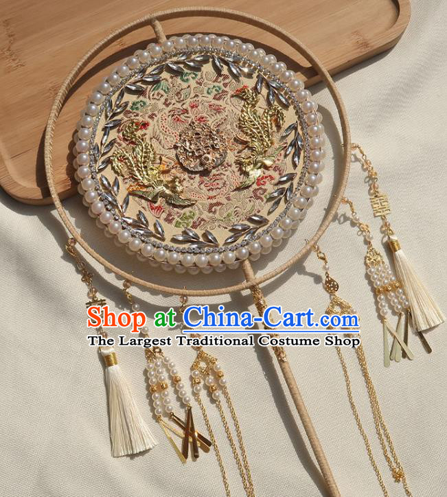 China Handmade Bride Embroidered Palace Fan Traditional Wedding Beige Circular Fan Classical Dance Pearls Fan