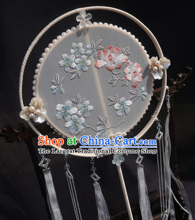 China Handmade Ribbon Tassel Palace Fan Traditional Hanfu Embroidered Circular Fan Classical Wedding Fan
