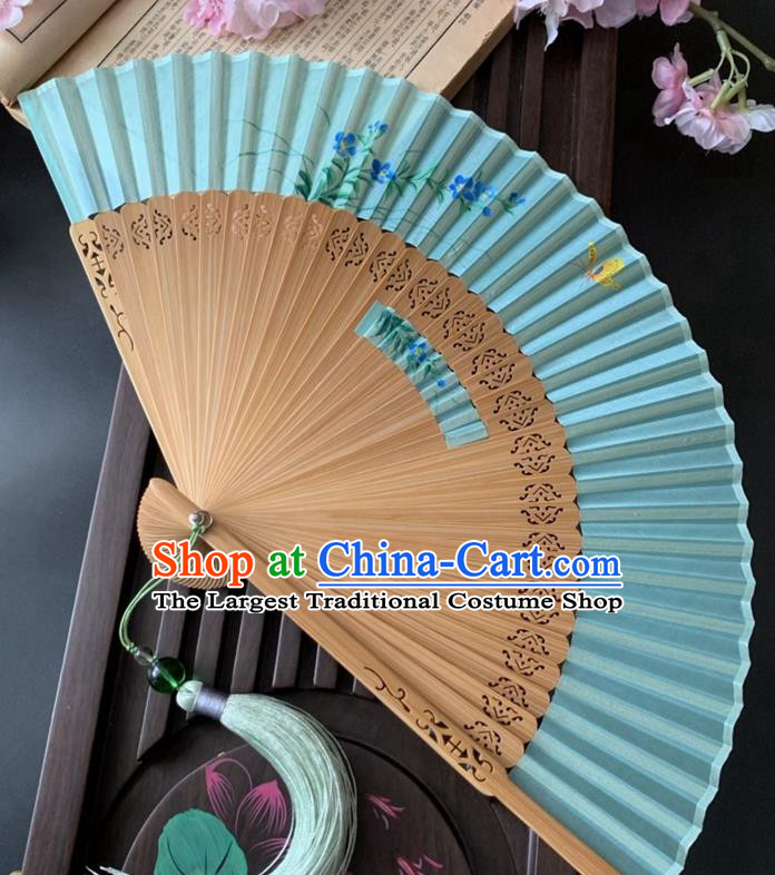 Chinese Printing Orchids Butterfly Folding Fan Handmade Hollowed Bamboo Fan Classical Dance Blue Silk Accordion