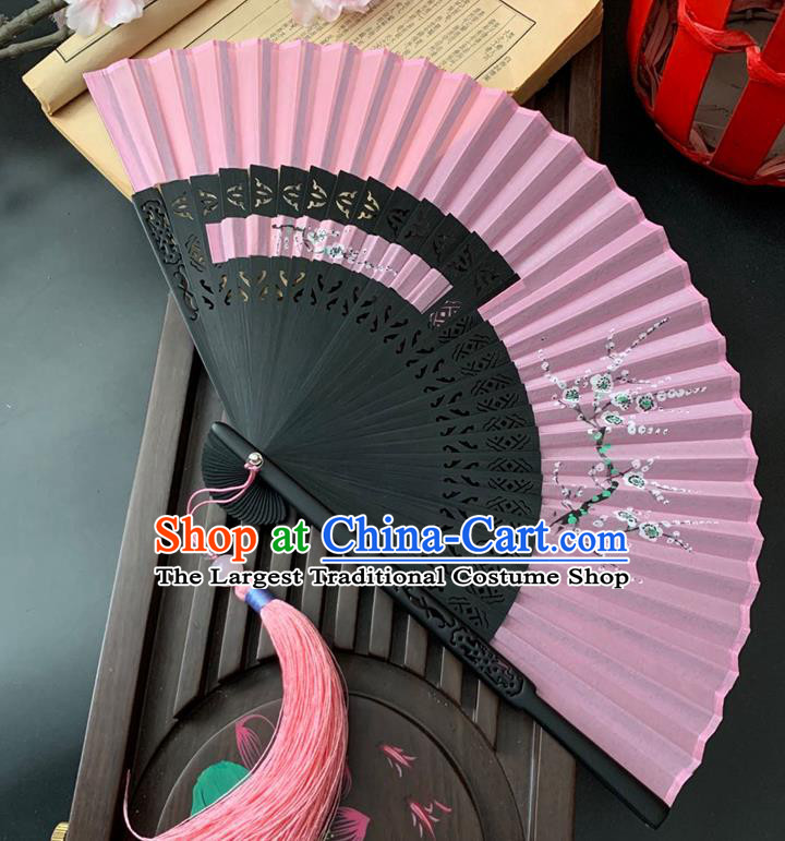 Chinese Printing Plum Blossom Folding Fan Handmade Hollowed Bamboo Fan Classical Dance Pink Silk Accordion