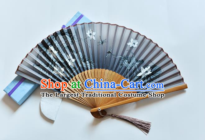 Handmade Chinese Printing Lotus Dragonfly Folding Fan Grey Silk Fans Classical Dance Accordion