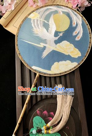 China Classical Embroidered Phoenix Circular Fan Dance Fans Handmade Palace Fan Traditional Hanfu Blue Silk Fan