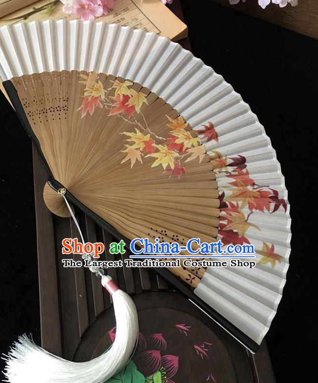 Chinese Printing Maple Leaf Folding Fan Classical Dance Silk Accordion Craft Handmade Bamboo Fan