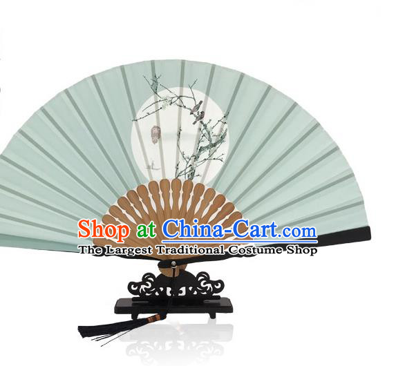 Handmade Chinese Classical Dance Rain Water Accordion Printing Twenty Four Solar Terms Folding Fan Green Silk Fans