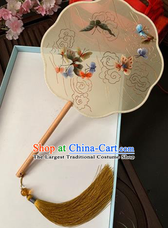 China Handmade Fan Classical Dance Apricot Silk Fan Traditional Double Side Embroidered Butterfly Palace Fan