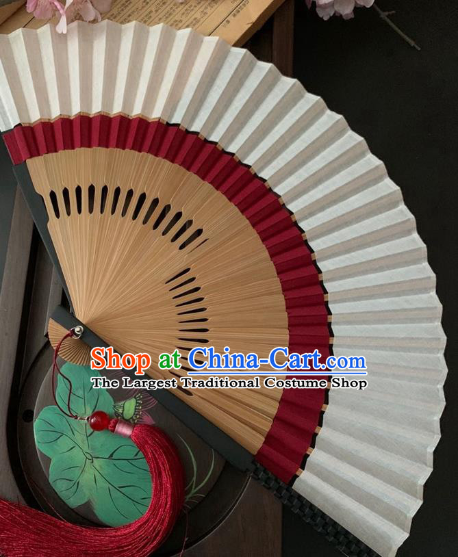 Chinese Bamboo Fan Classical Red Flax Folding Fan Handmade Dance Accordion