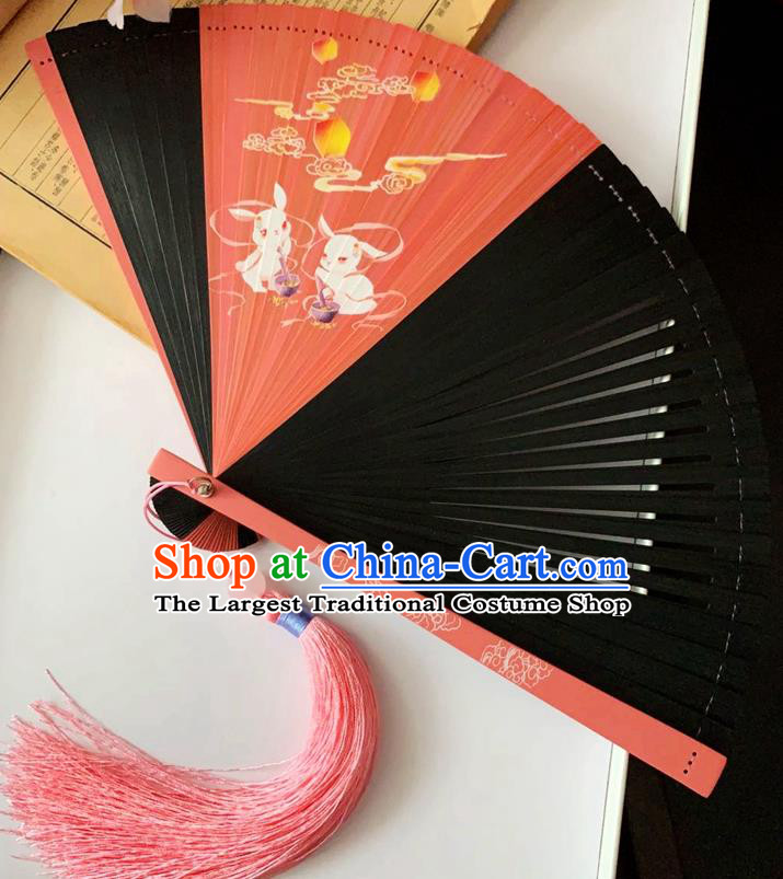 Chinese Handmade Printing Moon Rabbit Accordion Classical Folding Fan Red Bamboo Fan