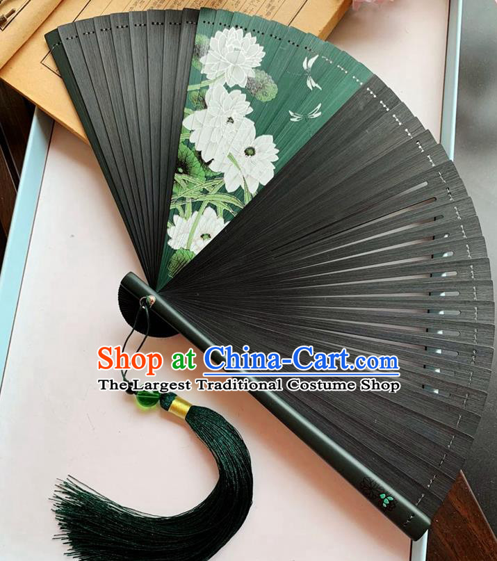 Chinese Classical Folding Fan Black Bamboo Fan Handmade Printing Lotus Dragonfly Accordion