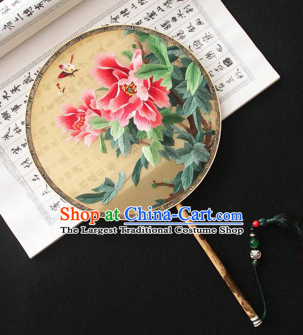 China Classical Dance Circular Fan Handmade Embroidered Peony Palace Fan Traditional Hanfu Fan Beige Silk Fan