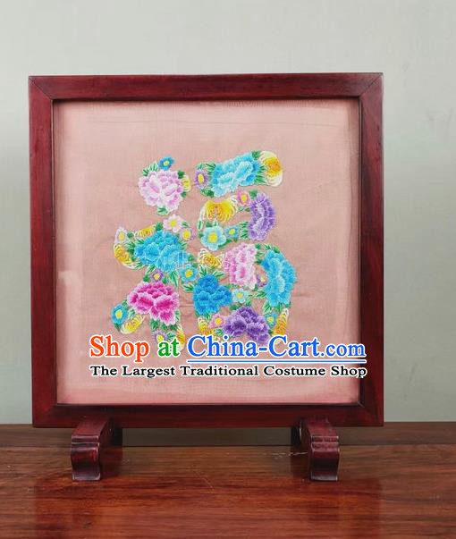 Chinese Embroidered Peony Table Screen Embroidery Silk Craft Handmade Rosewood Ornament