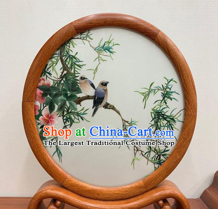 Chinese Traditional Palisander Craft Handmade Suzhou Embroidery Flower Bird Ornament Embroidered Table Screen