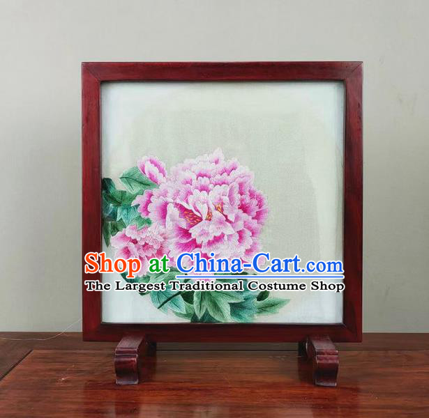 Chinese Suzhou Embroidered Peony Table Screen Traditional Embroidery Silk Craft Handmade Rosewood Ornament