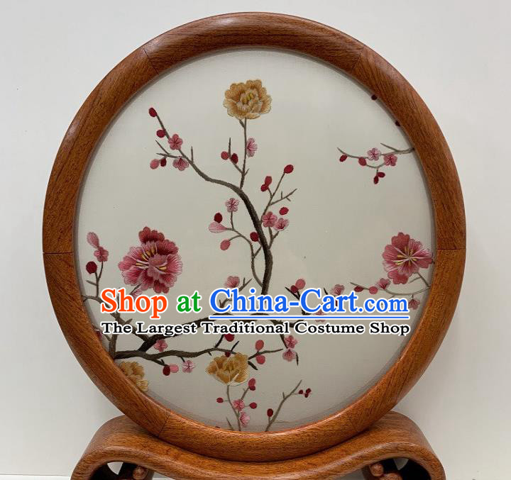 Chinese Suzhou Embroidered Table Screen Traditional Embroidery Plum Blossom Desk Decoration Handmade Palisander Craft
