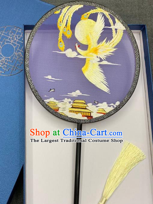 China Classical Hanfu Fan Traditional Double Side Embroidery Lilac Silk Fan Handmade Embroidered Phoenix Palace Fan