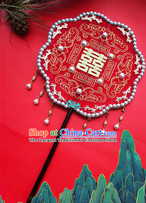 China Embroidery Red Silk Palace Fan Traditional Hanfu Fan Handmade Wedding Fan