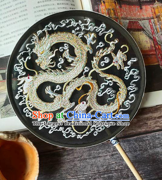 China Embroidery Dragon Palace Fan Handmade Wedding Circular Fan Traditional Black Silk Hanfu Fan