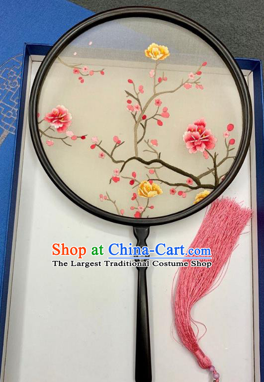 China Traditional Hanfu Silk Fan Embroidery Plum Palace Fan Handmade Double Side Embroidered Circular Fan