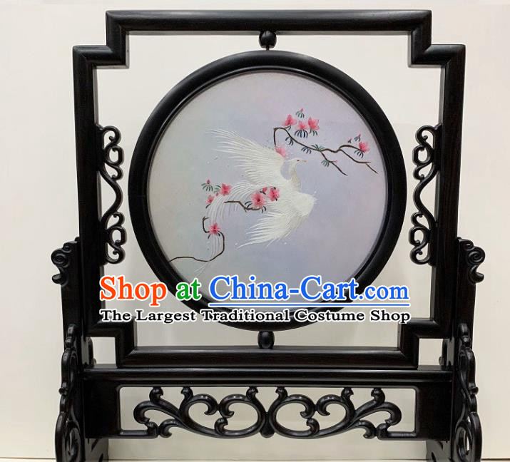 Chinese Handmade Ebony Desk Decoration Traditional Double Side Embroidery Craft Embroidered White Phoenix Table Screen