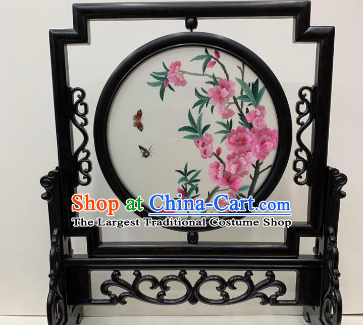 Chinese Embroidered Peach Blossom Table Screen Handmade Ebony Desk Decoration Traditional Double Side Embroidery Craft