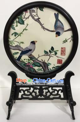 Chinese Traditional Ebony Desk Decoration Handmade Embroidered Birds Table Screen