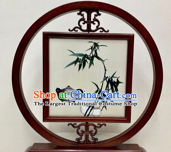 Chinese Embroidered Bamboo Table Screen Traditional Embroidery Craft Handmade Palisander Desk Decoration