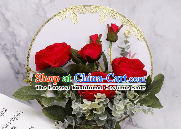 China Bride Circular Fan Traditional Wedding Silk Fan Handmade Red Rose Palace Fan