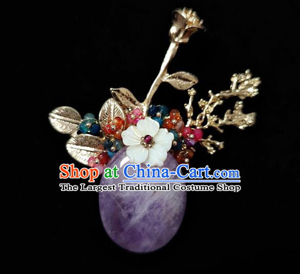 Handmade China Cheongsam Shell Flower Breastpin Amethyst Brooch Accessories Classical Jewelry