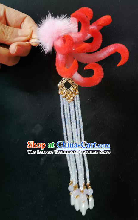 China Ancient Princess Tassel Hairpin Handmade Traditional Red Velvet Fox Hair Stick