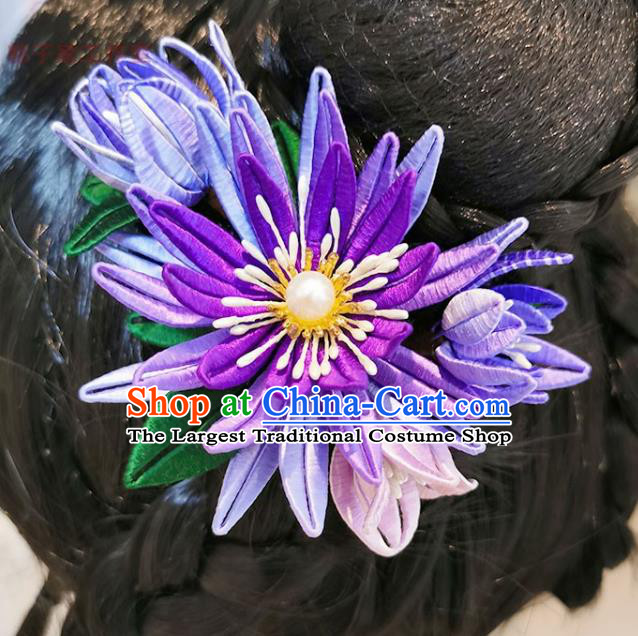 China Traditional Hanfu Silk Flower Hairpin Handmade Purple Epiphyllum Hair Stick