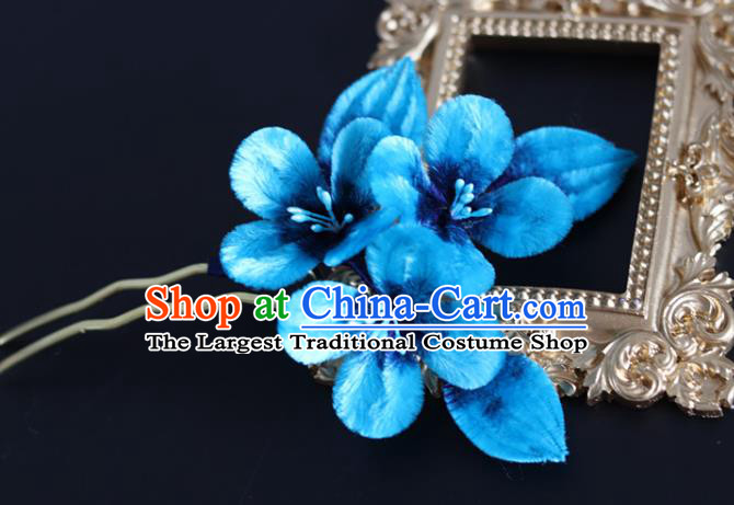 Handmade China Ancient Blue Velvet Plum Blossom Hairpin Traditional Hanfu Hair Accessories
