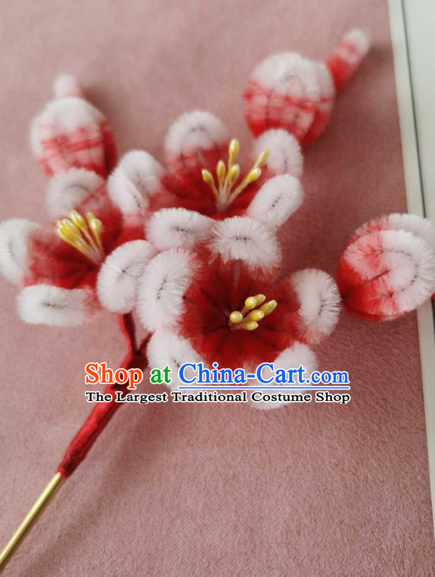 China Classical Hanfu Velvet Hair Stick Traditional Ancient Court Red Plum Blossom Hairpin