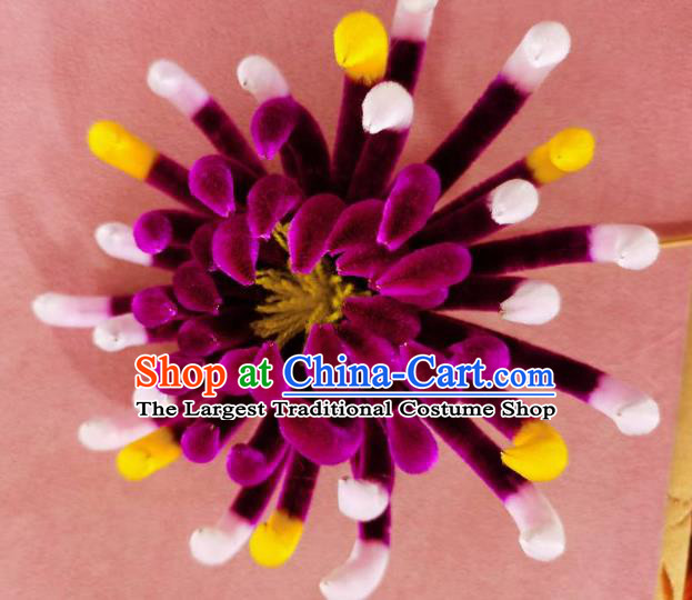 China Classical Hanfu Velvet Hairpin Traditional Ancient Court Lady Purple Chrysanthemum Hair Stick