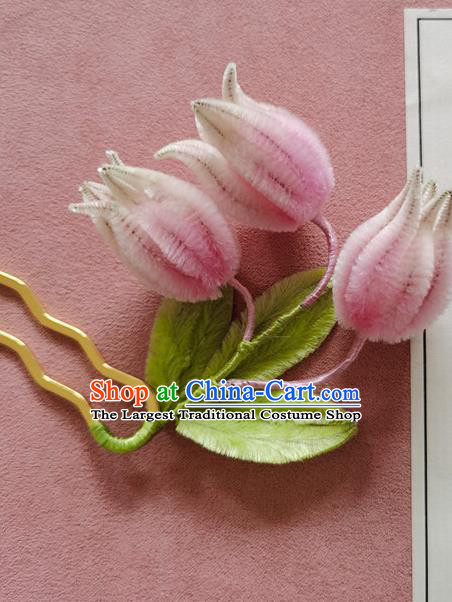 China Handmade Convallaria Hair Stick Traditional Hanfu Hair Accessories Classical Cheongsam Pink Velvet Flowers Hairpin