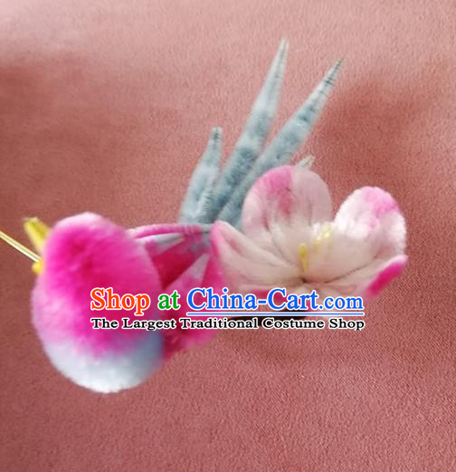 China Traditional Ancient Princess Velvet Hair Stick Classical Hanfu Rosy Magpie Plum Hairpin