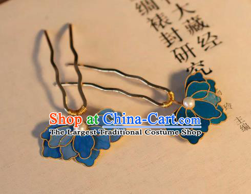 China Traditional Ancient Qing Dynasty Pearl Hair Stick Classical Hanfu Blueing Peony Hairpin