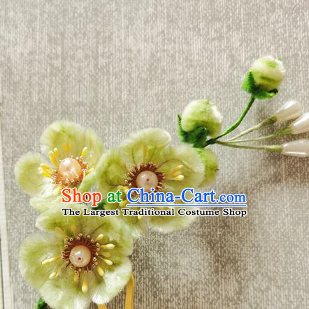 China Handmade Green Velvet Plum Blossom Hair Stick Traditional Hanfu Hair Accessories Classical Cheongsam Pearls Hairpin