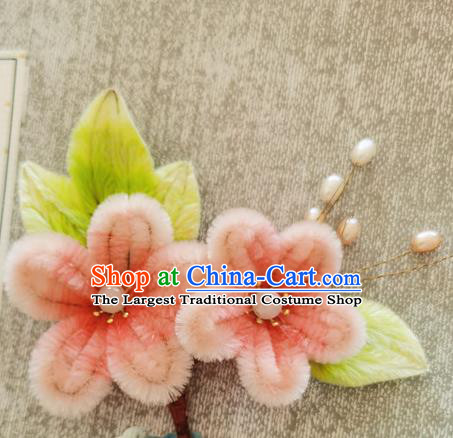 China Pink Velvet Plum Blossom Hair Stick Handmade Hair Accessories Traditional Flowers Pearls Hairpin