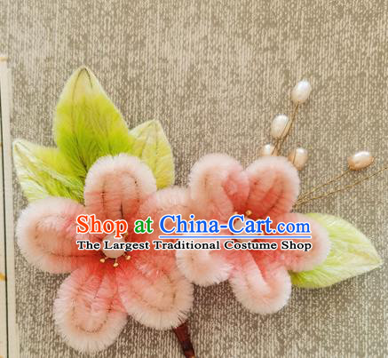 China Pink Velvet Plum Blossom Hair Stick Handmade Hair Accessories Traditional Flowers Pearls Hairpin