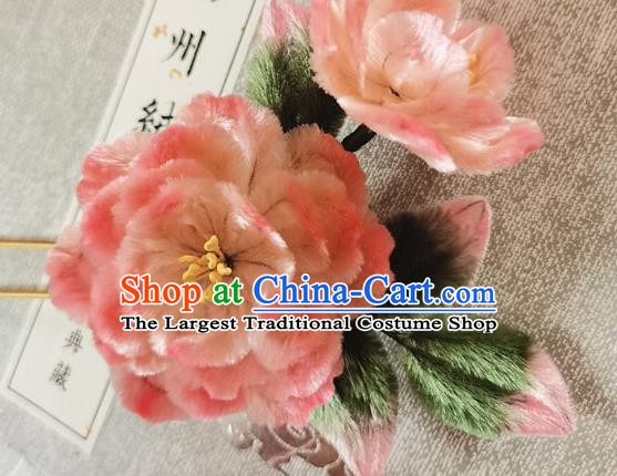China Classical Velvet Flowers Hair Stick Handmade Hair Accessories Traditional Cheongsam Pink Peony Hairpin