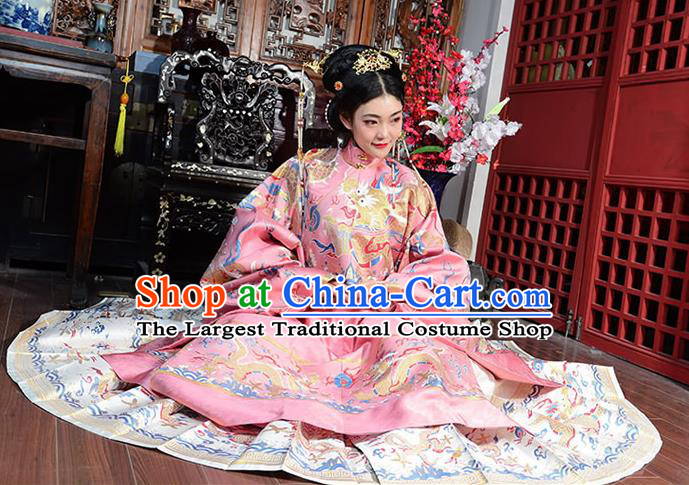 China Ancient Court Queen Wedding Pink Costumes Traditional Ming Dynasty Imperial Empress Historical Clothing Full Set