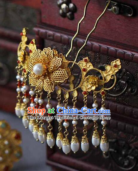 China Traditional Qing Dynasty Empress Pearls Tassel Hair Stick Ancient Court Woman Filigree Peony Hairpin