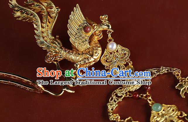 China Ancient Empress Golden Phoenix Hairpin Traditional Ming Dynasty Court Woman Hair Accessories