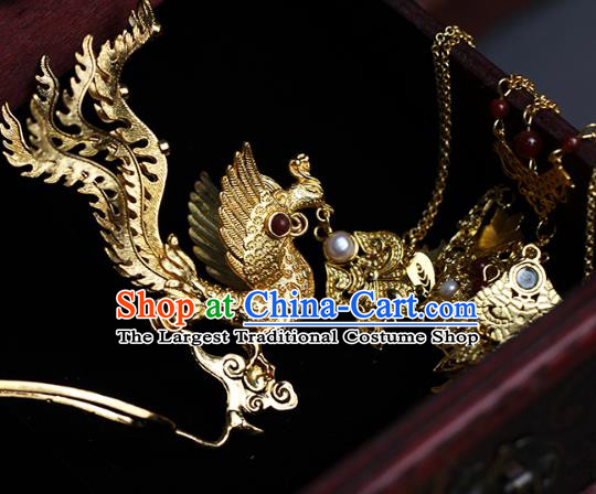 China Ancient Empress Golden Phoenix Hairpin Traditional Ming Dynasty Court Woman Hair Accessories