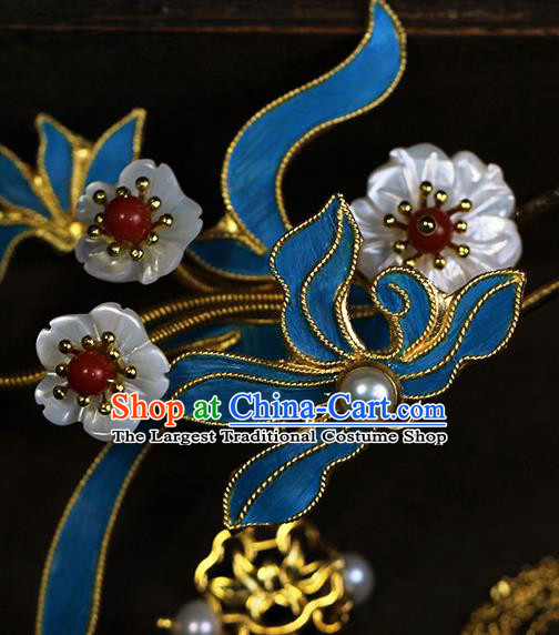 China Ancient Empress Shell Plum Hairpin Traditional Ming Dynasty Court Queen Blueing Orchids Tassel Hair Stick