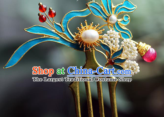 China Ancient Empress Pearls Hairpin Traditional Ming Dynasty Court Queen Orchids Hair Comb